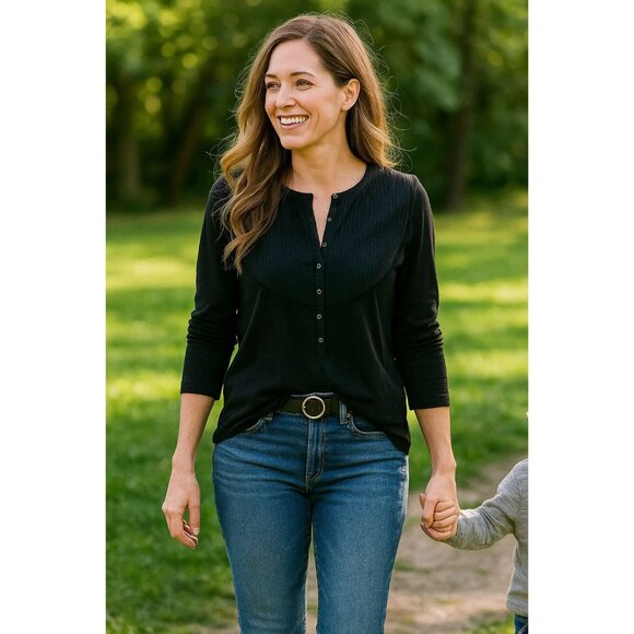 Theory Black Wool Blend Henley Long Sleeve Blouse Pleated Yoke Top Medium - Picture 1 of 8